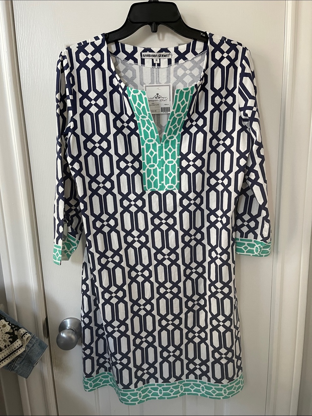 Barbara Gerwit Split Neck Navy and Mint Long Sleeve Geometric Tunic Dress